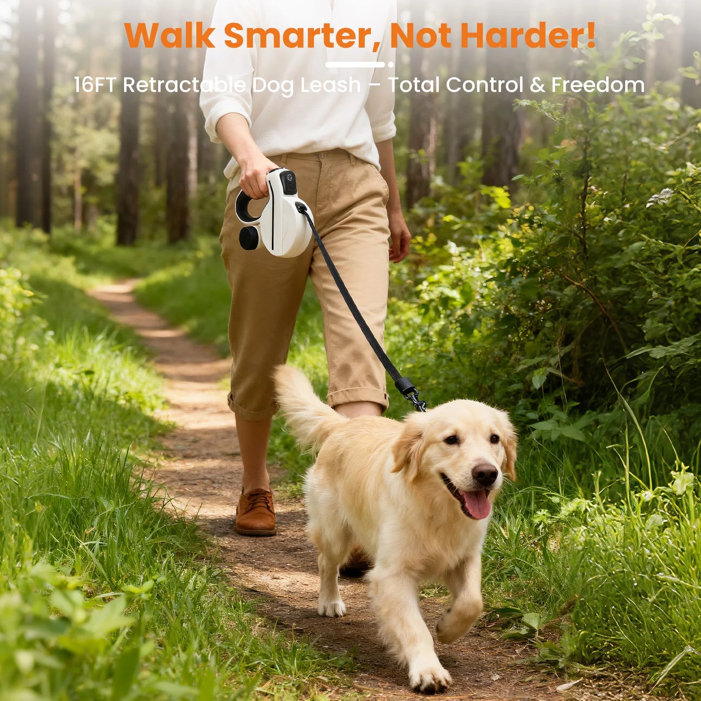 16ft USB LED Retractable Dog Leash, Reflective & Tangle-Free with Poop Bag Holder