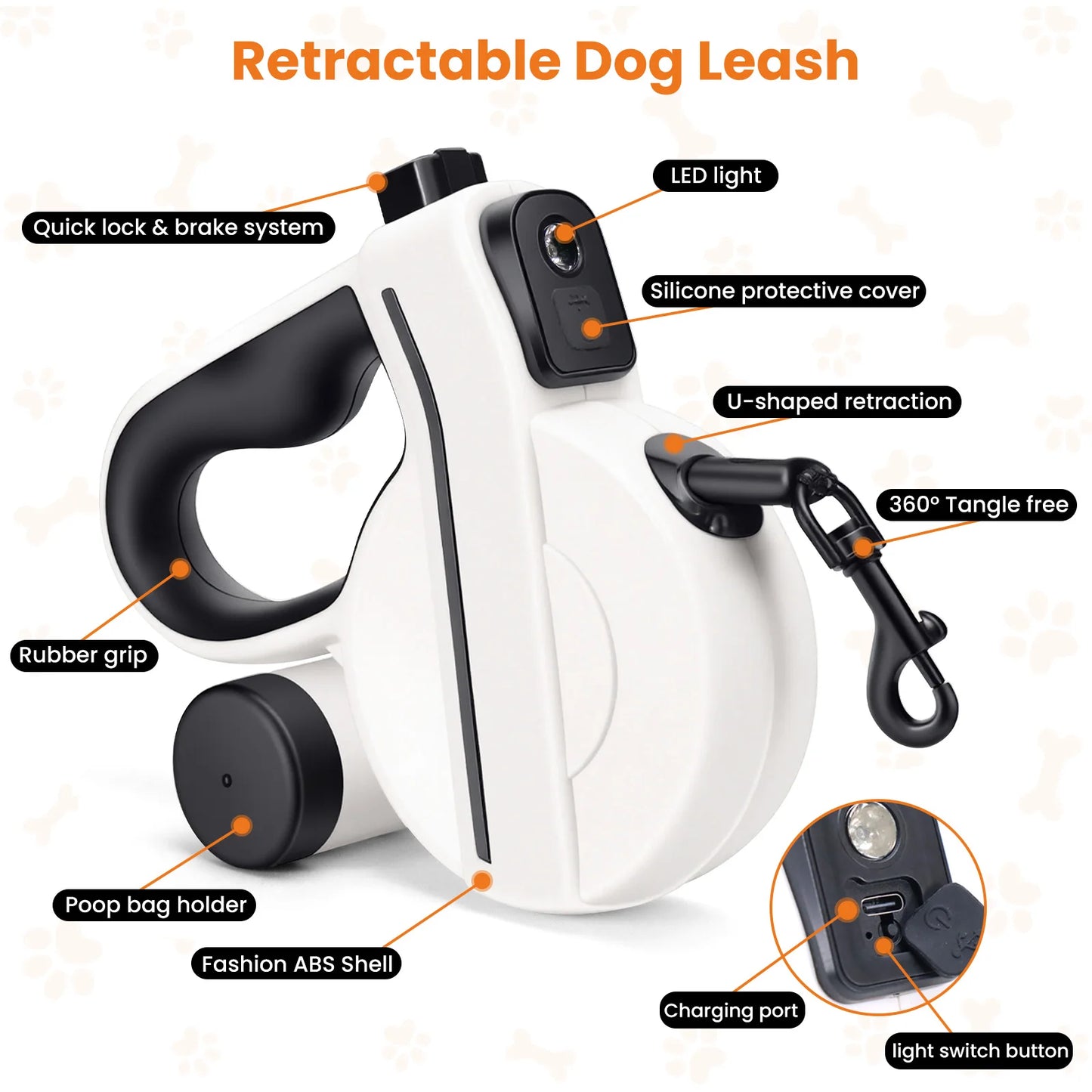 16ft USB LED Retractable Dog Leash, Reflective & Tangle-Free with Poop Bag Holder